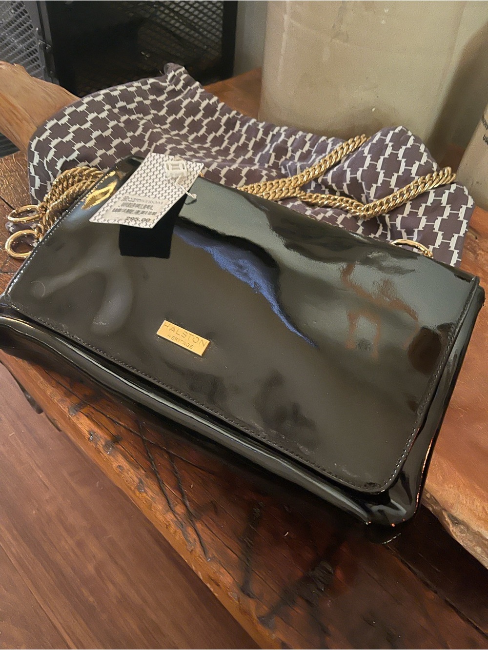 Halston Heritage Black Patent Leather Chain Shoulder or hand Bag with dust bag